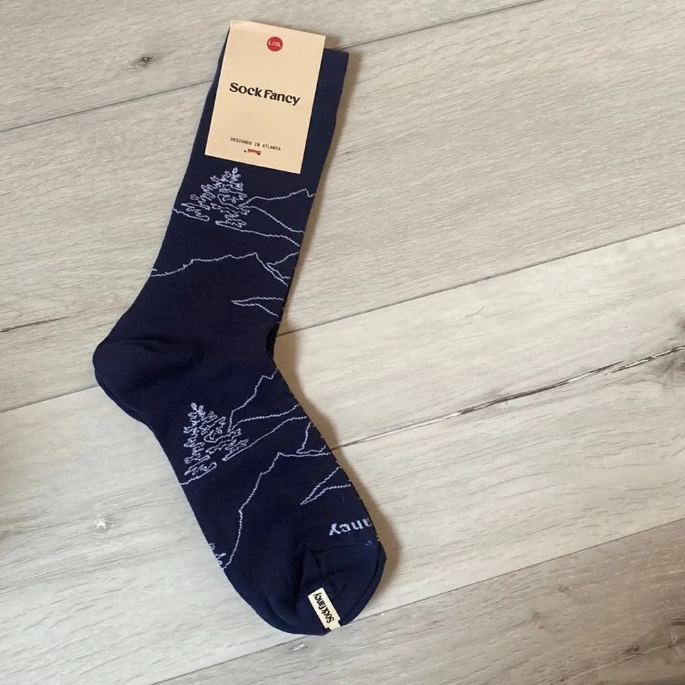 Sock Fancy Crew‎ Socks NWT Landscape print L/XL Navy Blue 2 complete pairs
